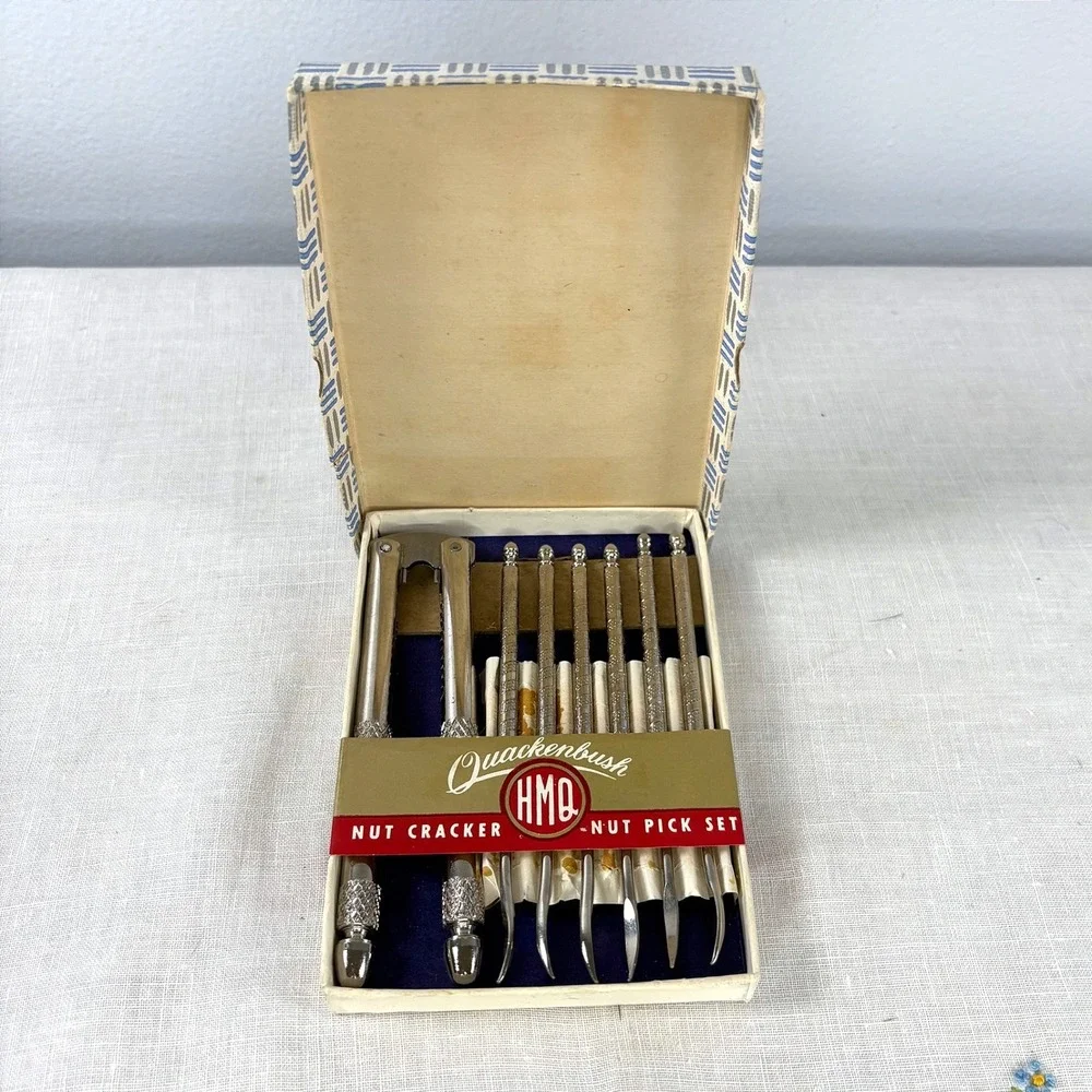 Vintage New Quackenbush HMQ Nut Cracker and 6 Nut Pick Set in Original Box